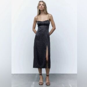 Zara Satin Effect Black and White Polka Dot Midi Dress